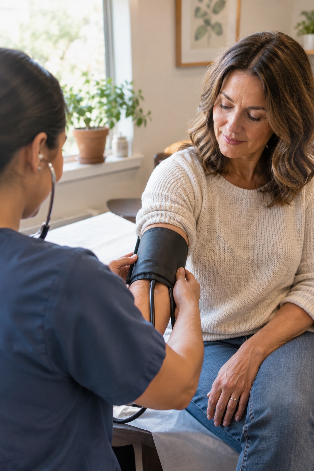A physician reviewing lab results and blood pressure readings during a routine visit